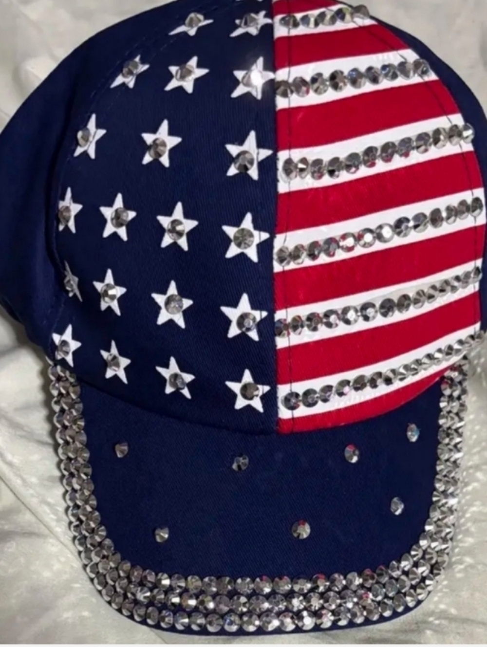 Embellished American Flag Rhinestone Baseball Cap - Navy & Red - Picture 1 of 8